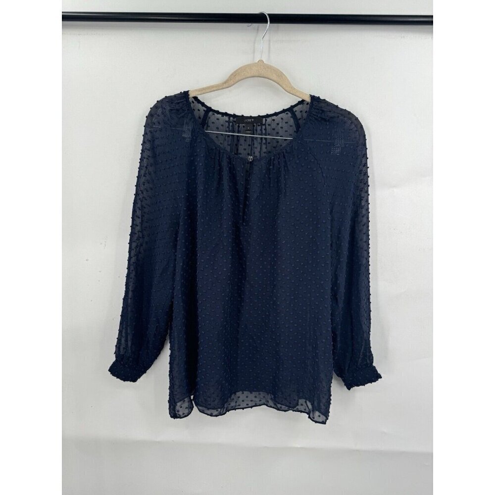 J. Crew Blouse Women 2 Navy Blue Sheer Swiss Dot Long Sleeve Preppy Keyhole Neck